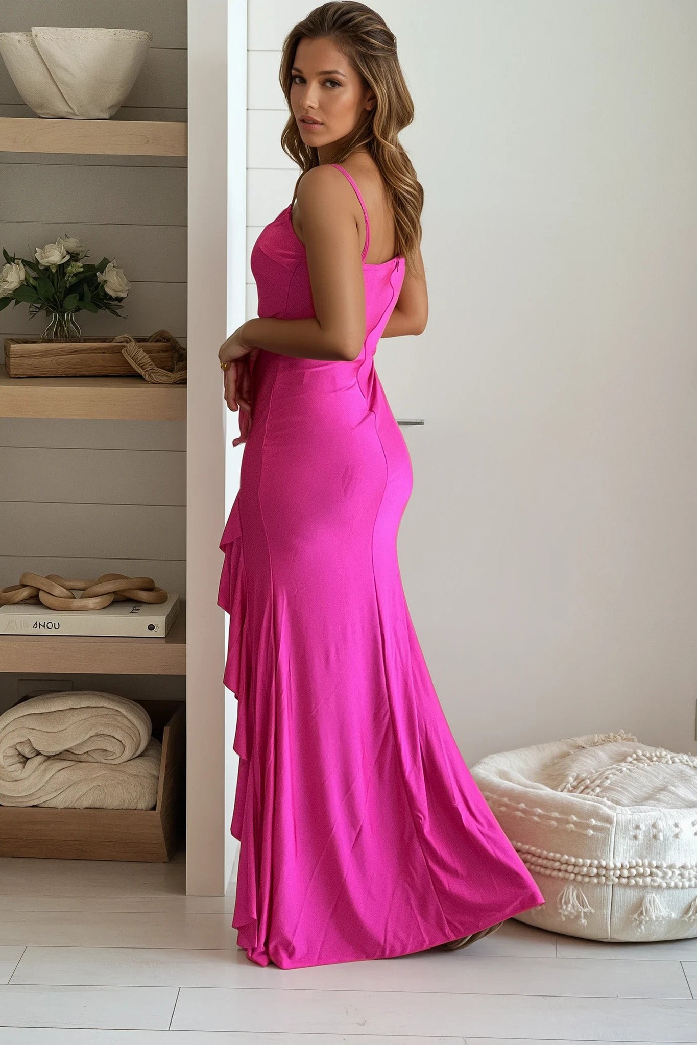 fuchsia sweetheart ruffled maxi dress