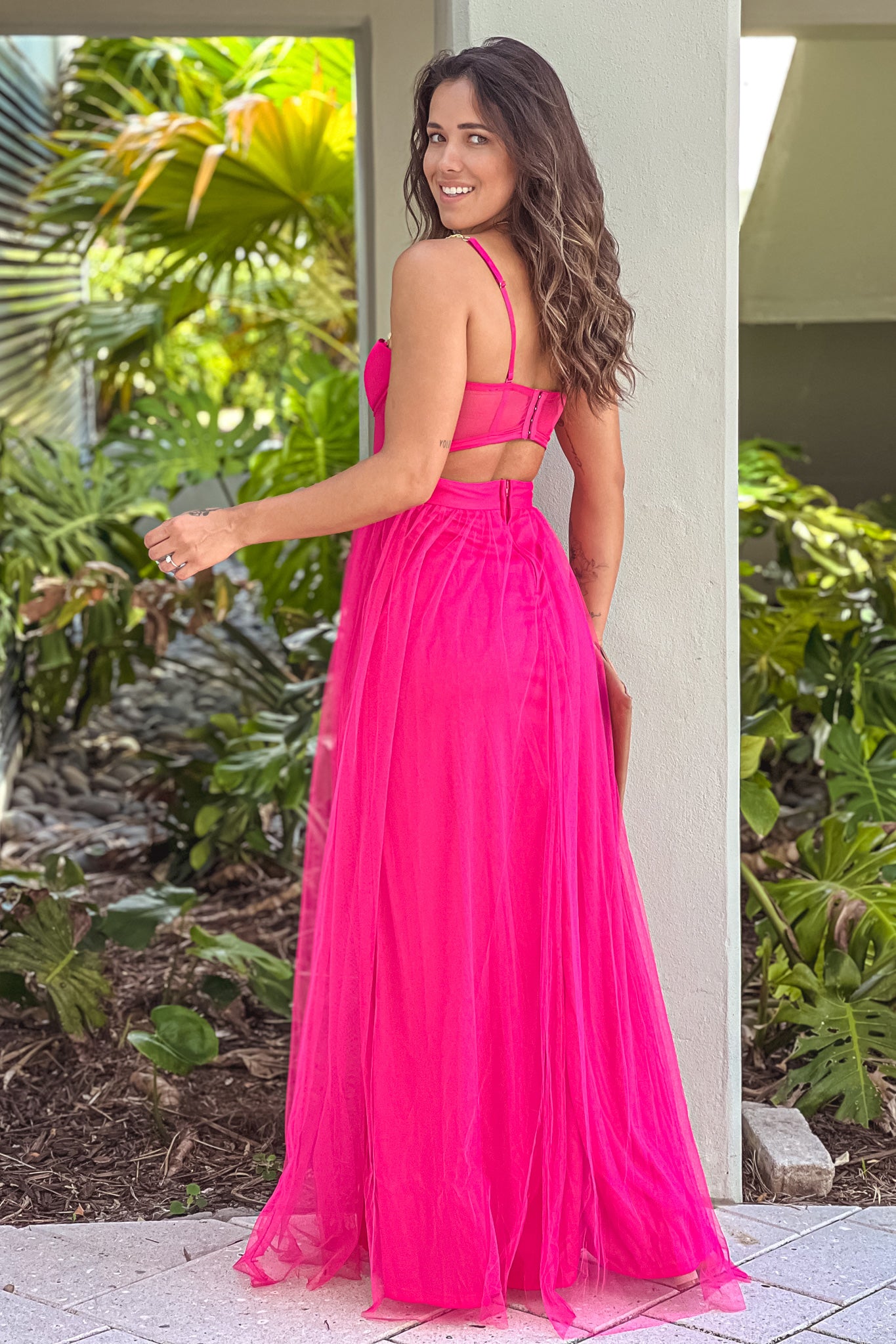 fuchsia tulle maxi dress