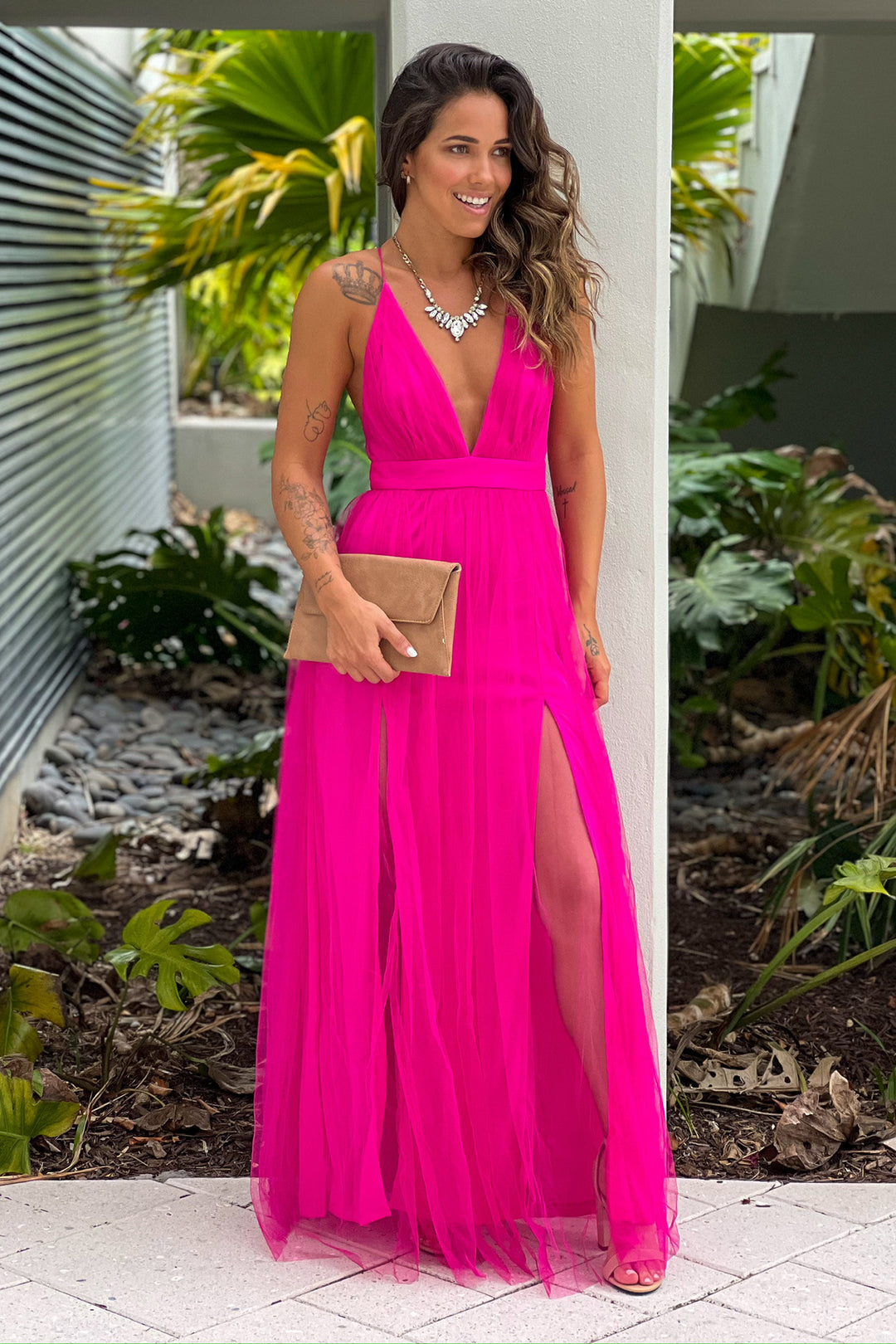 knee length dresses for ladies Macloth Straps V Neck Sheath Maxi Prom Dress with Slit Fuchsia Silver Formal Evening Gown Mocha Silver / Above Knee / US6 main image 1