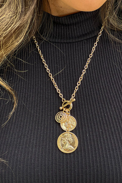 gold coin charm cluster necklace