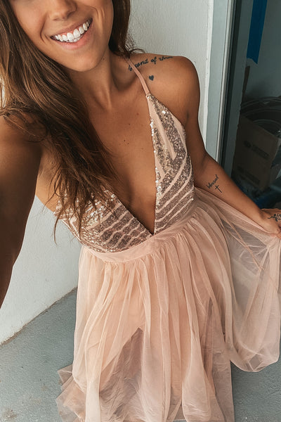 Rose Gold Tulle Maxi Dress With Sequin Top