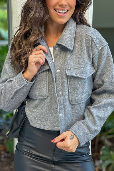 gray cropped shacket with pockets