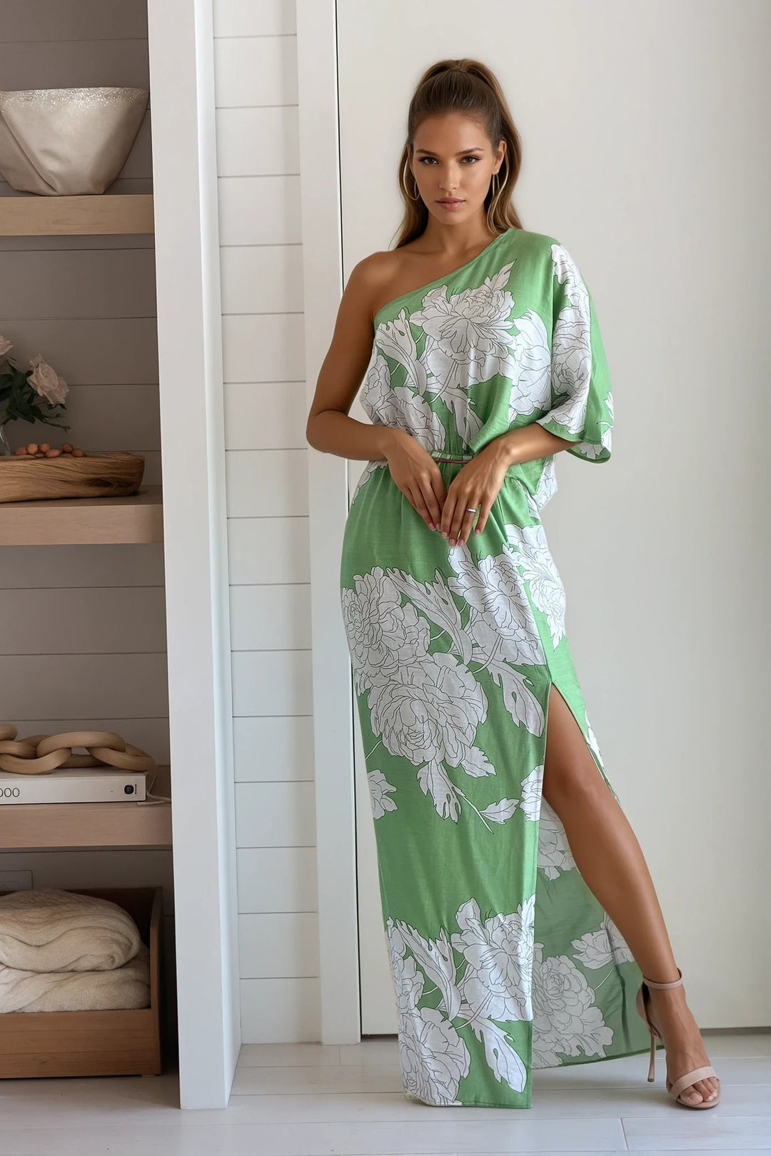 chinese dress ladies Hadley Long Dress in Green and Beige Medium