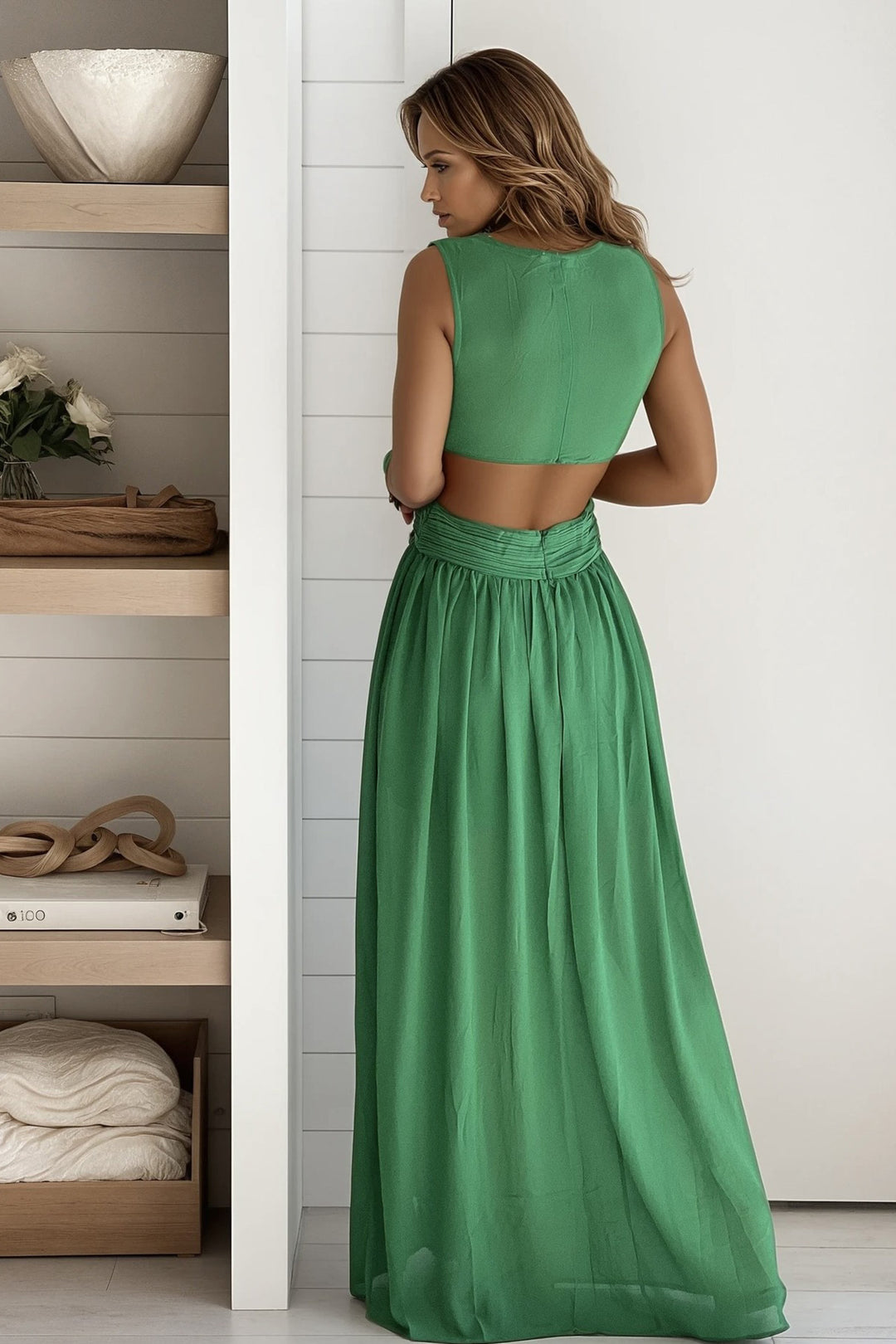 Green V-Neck Maxi Dress With Slit And Pleated Top Detail