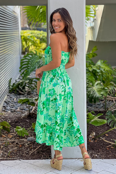 green floral print strapless dress