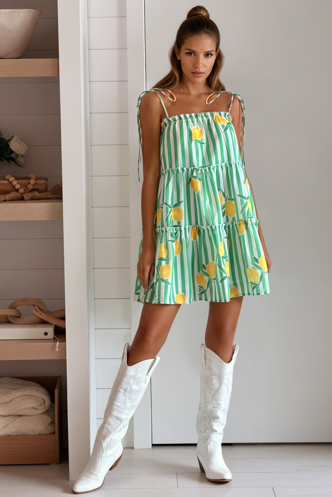 Green Lemon Striped Mini Dress