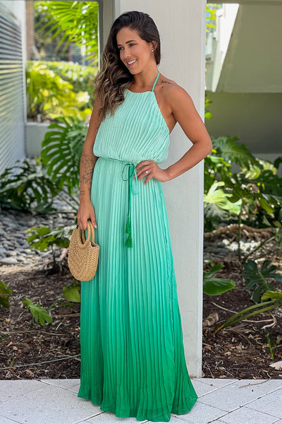 green ombre pleated maxi dress