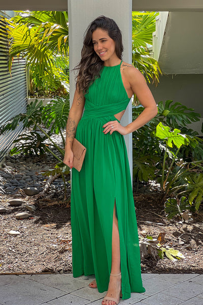 green pleated maxi dress with slit