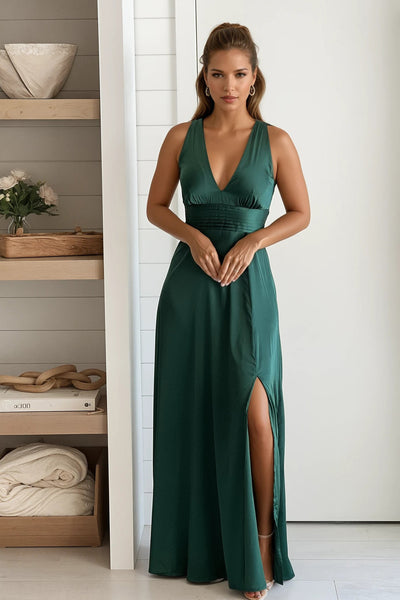 green satin maxi dress with slit