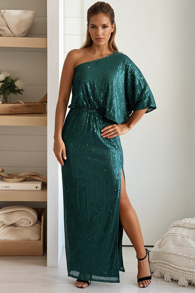 green sequined maxi dress