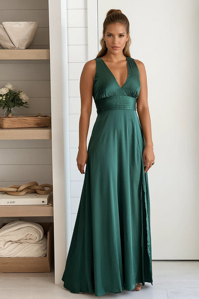 green v-neck satin maxi dress