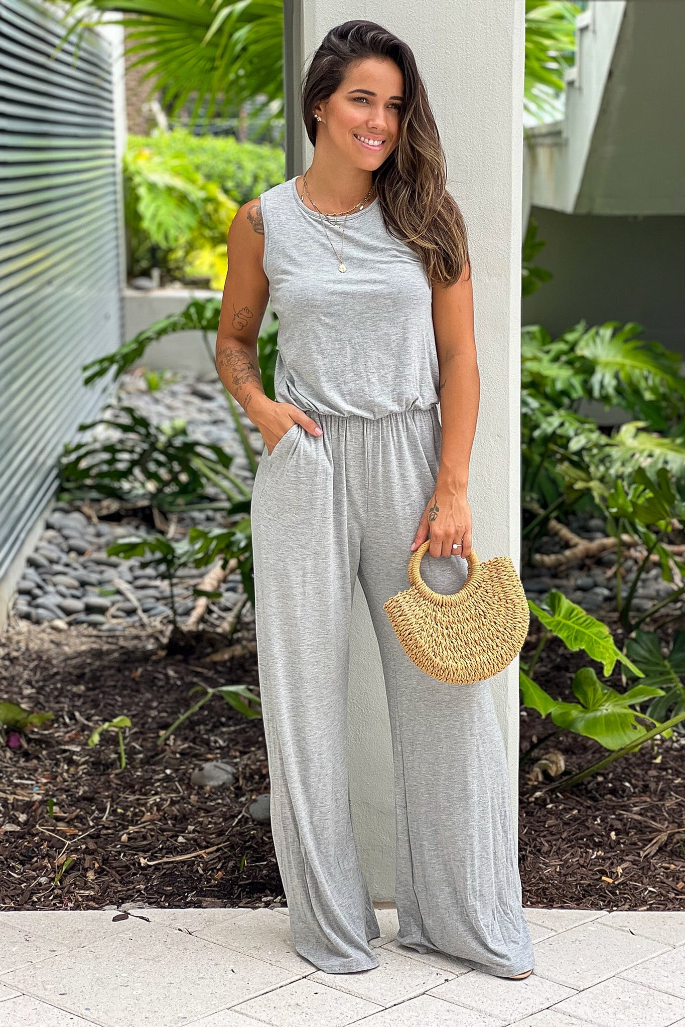 heather gray jumpsuit with pockets