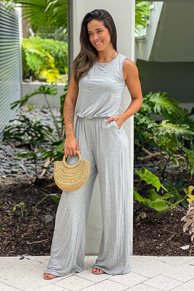 heather gray sleeveless jumpsuit with pockets