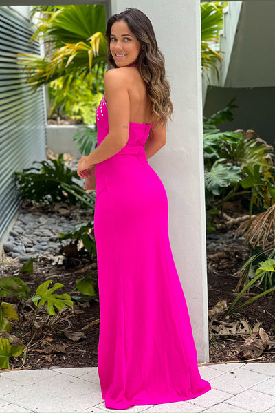 hot pink halter neck maxi dress with open back