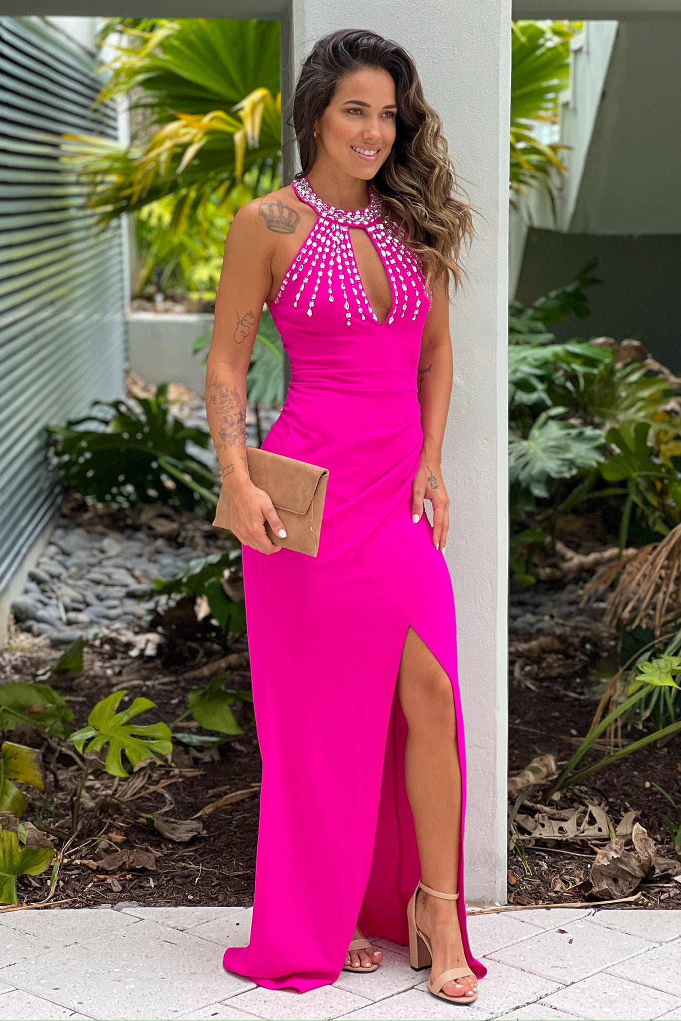 Hot Pink Halter Neck Maxi Dress With Rhinestone | Maxi Dresses Saved by the Dress Hot Pink Halter Neck Maxi Dress With Rhinestone | Maxi Dresses Saved by the Dress