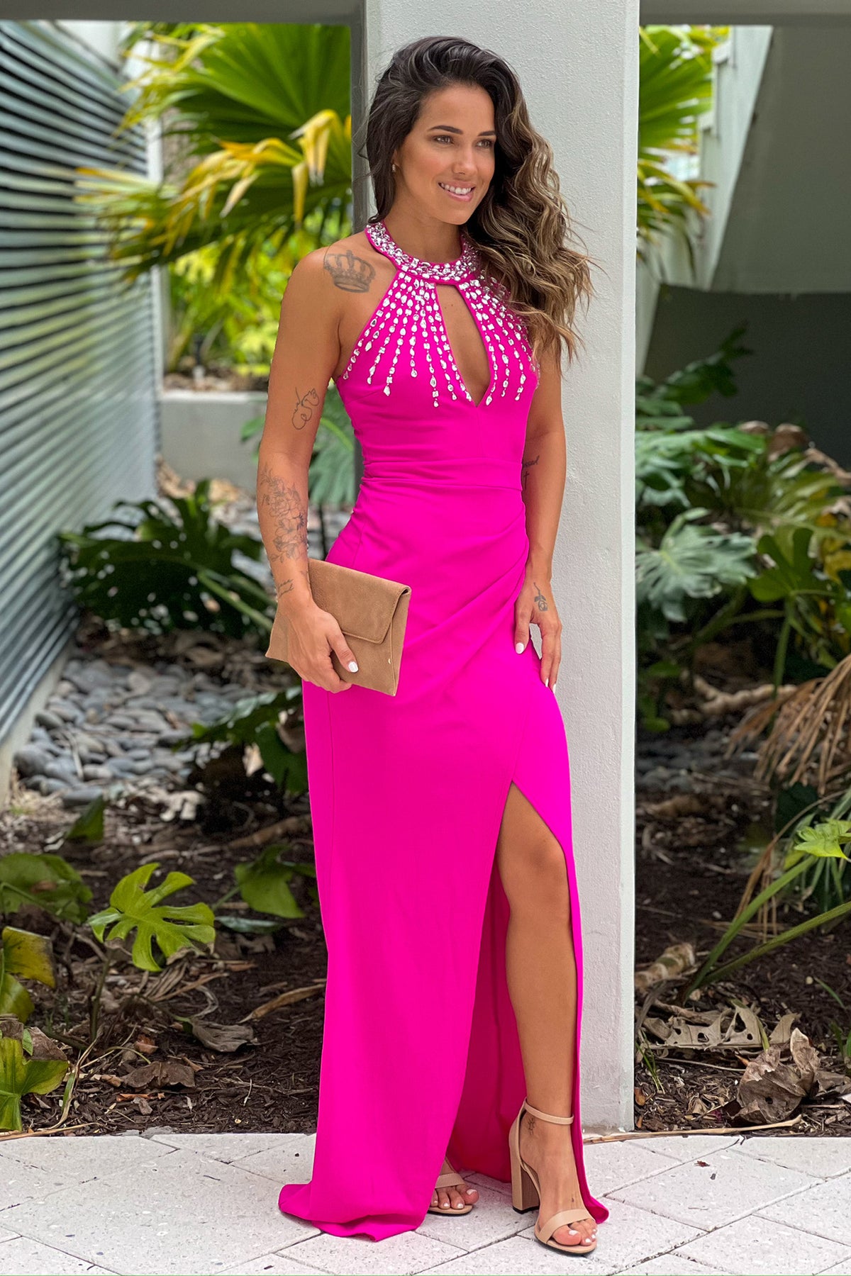 Hot Pink Halter Neck Maxi Dress With Rhinestone Maxi Dresses Saved hot-pink-halter-neck-maxi-dress-with-rhinestone-maxi-dresses-saved
