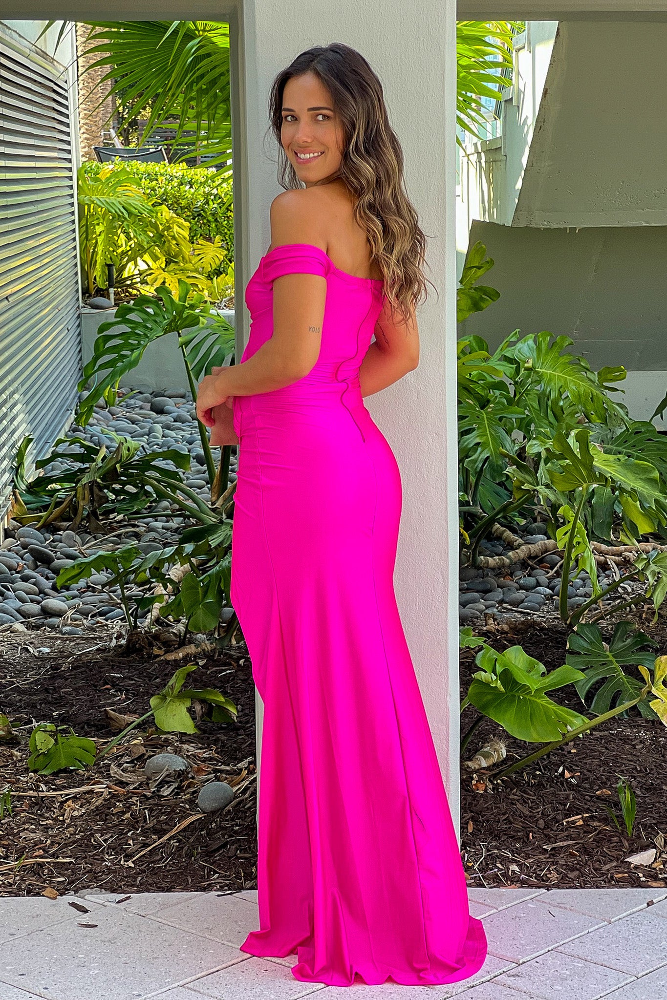 hot pink maxi dress with slit