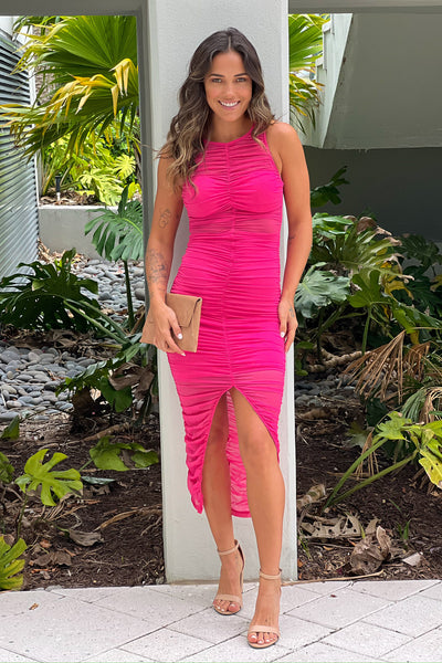 hot pink mesh ruched midi dress with slit