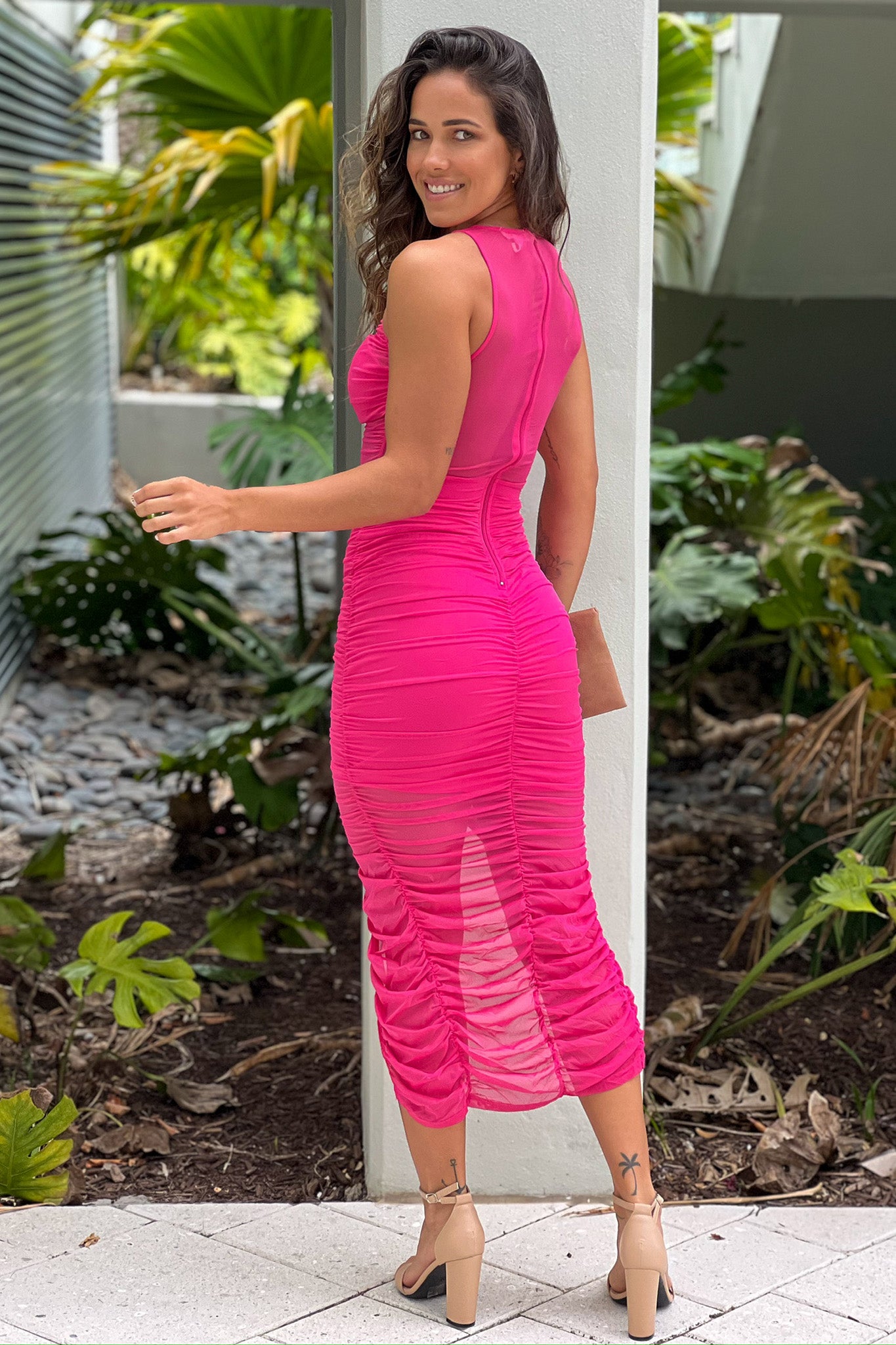 Hot Pink Mesh Ruched Midi Dress With Slit | Midi Dresses Saved by the Dress Hot Pink Mesh Ruched Midi Dress With Slit | Midi Dresses Saved by the Dress