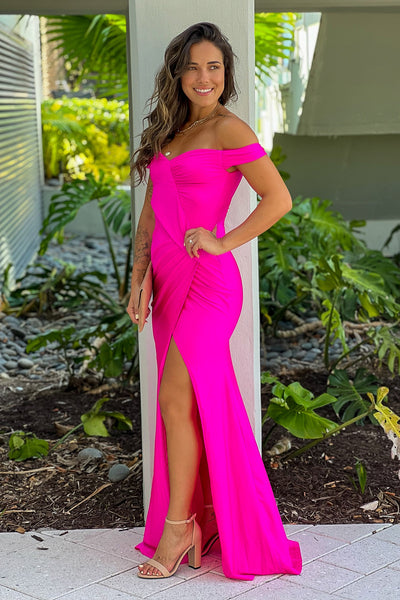 hot pink off shoulder maxi dress with slit