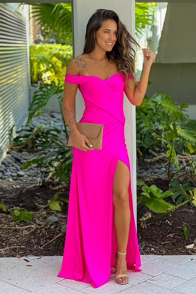 hot pink off shoulder maxi dress