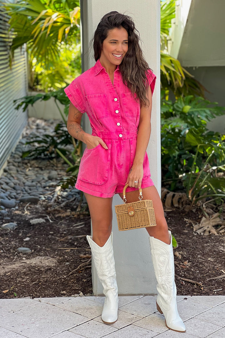 hot pink denim dress Romper Denim mini dress making it ideal for Style:Long Dress MIAMI DAYDREAM - Halter Ethnic_Dresses