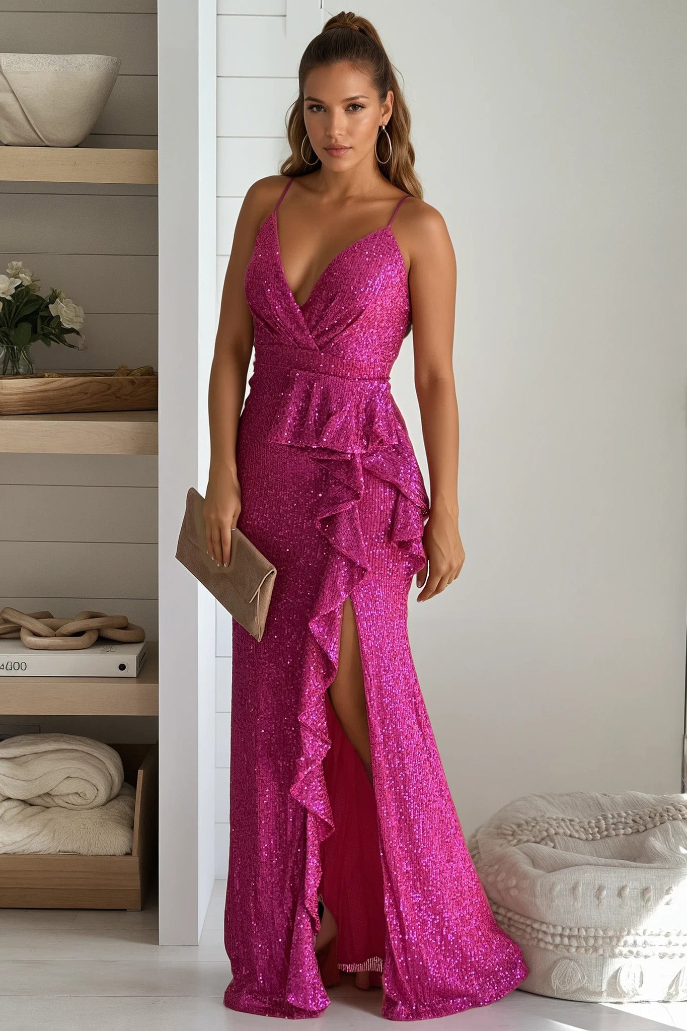 hot pink ruffle maxi dress