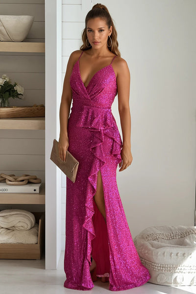 hot pink ruffle maxi dress