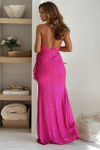 hot pink sequin maxi dress with criss cross back
