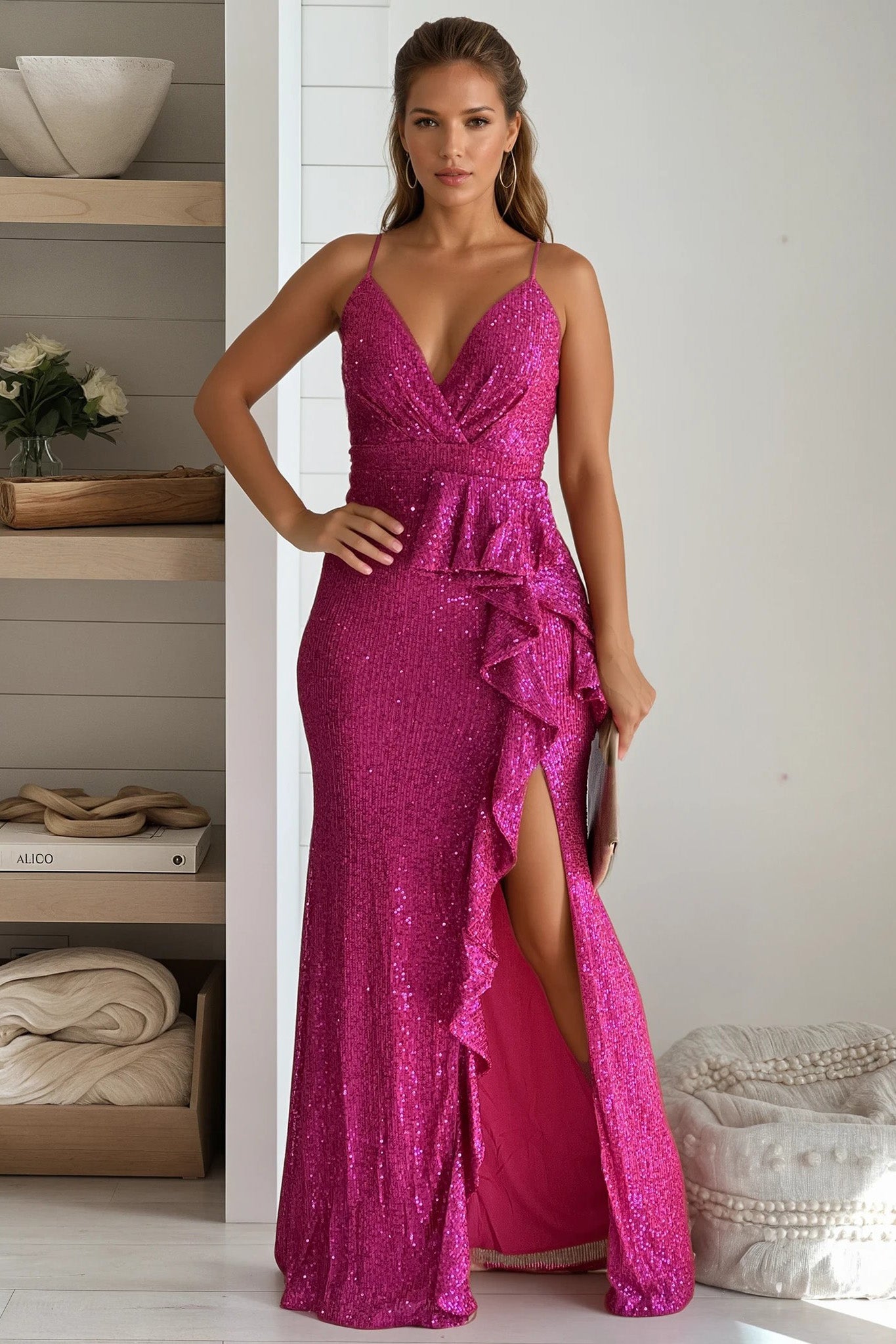 hot pink sequin ruffle maxi dress