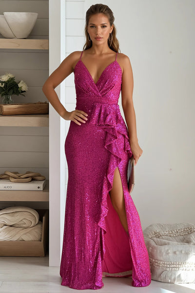 hot pink sequin ruffle maxi dress