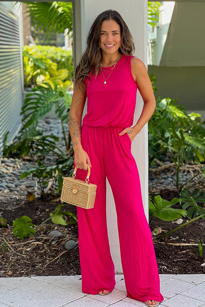 hot pink sleeveless jumpsuit with pockets