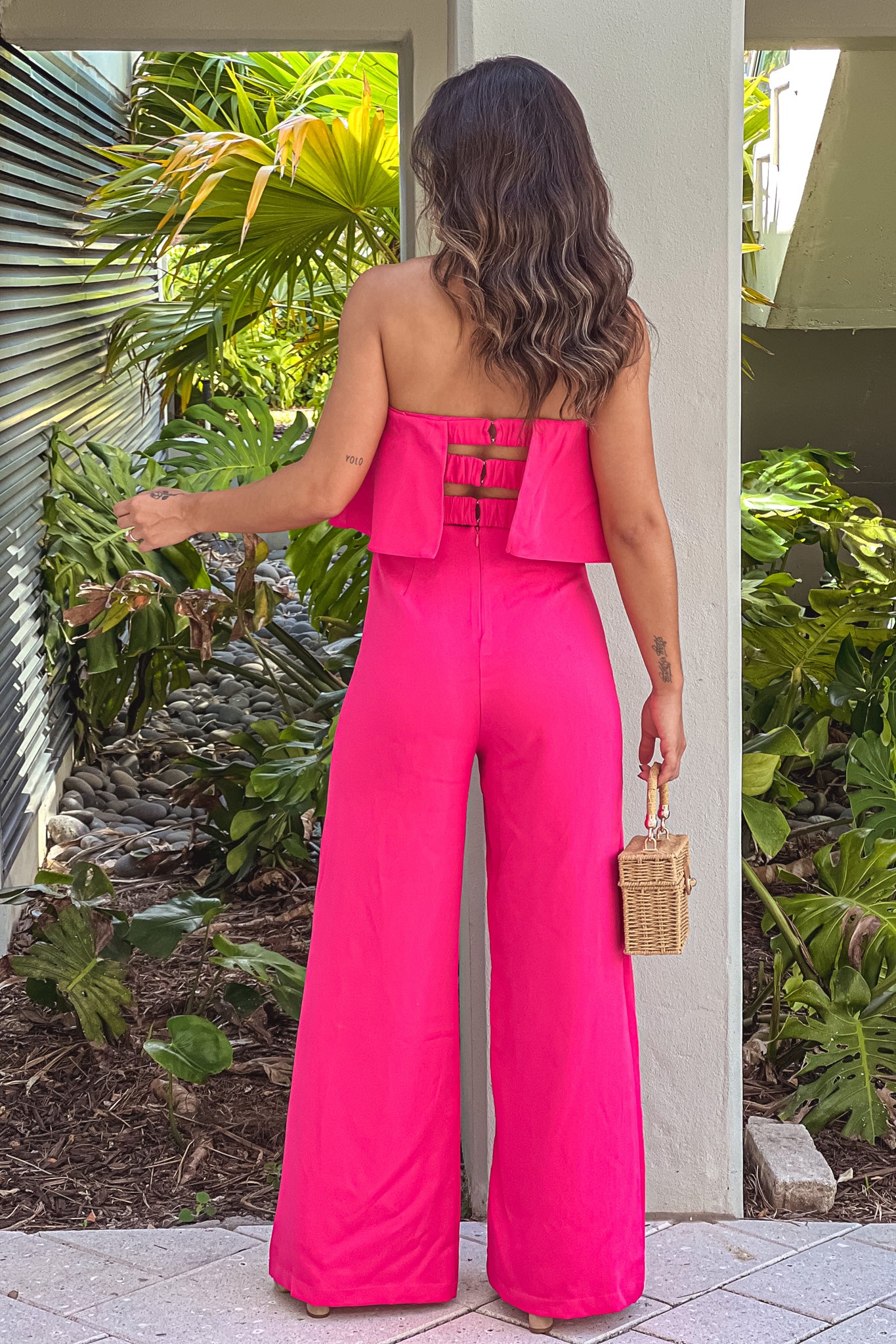 hot pink strappy back jumpsuit