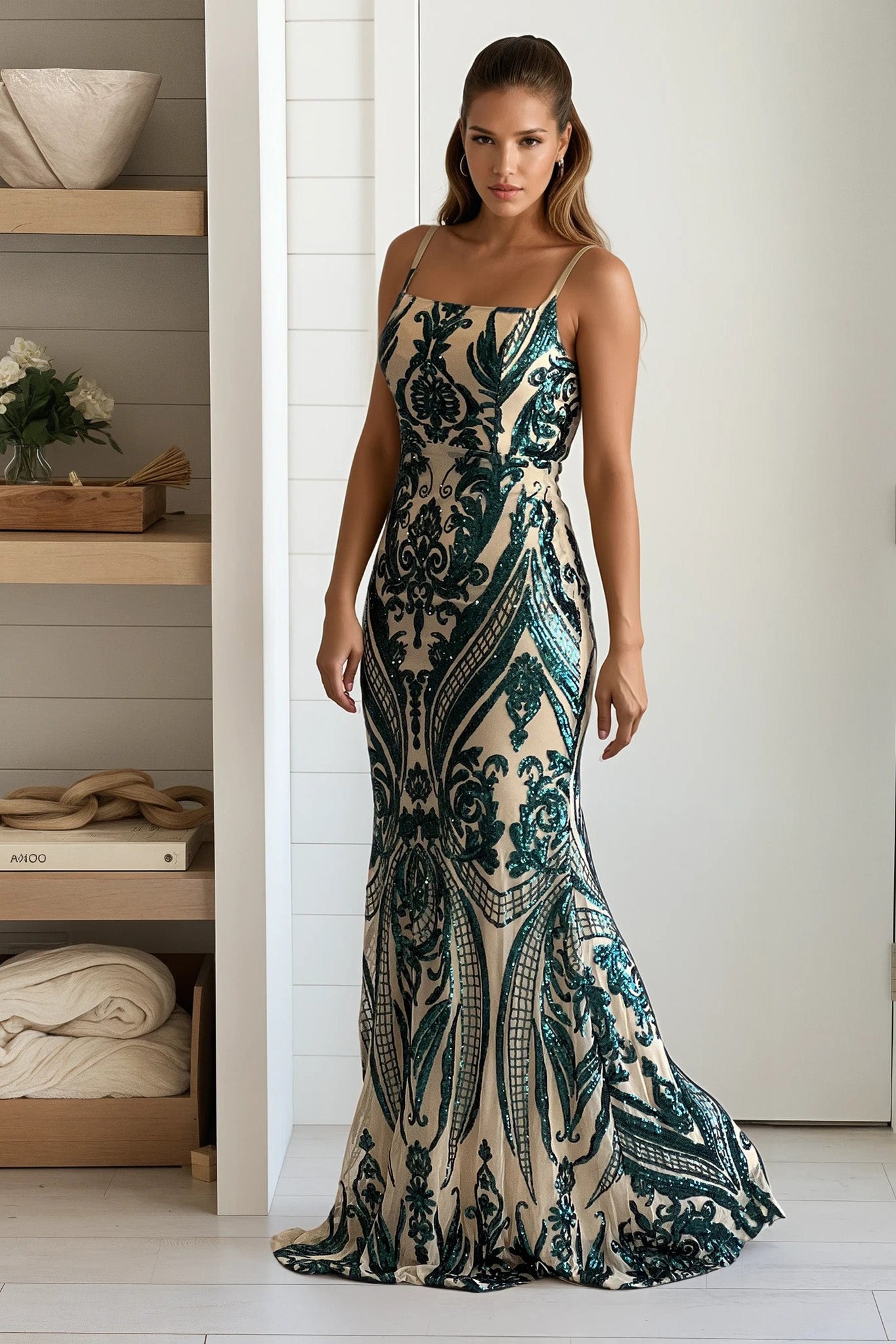 hunter green and nude square neck maxi dress