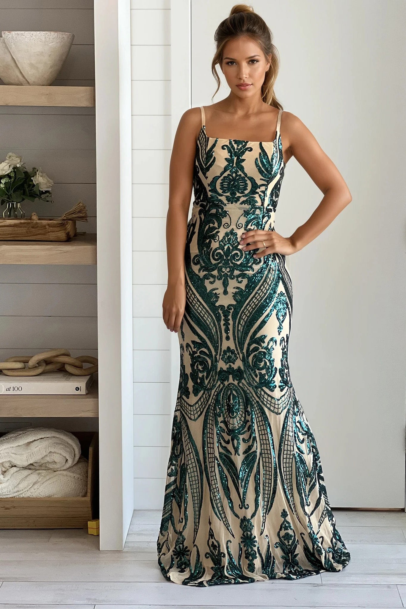hunter green and nude square neck sequined maxi dress