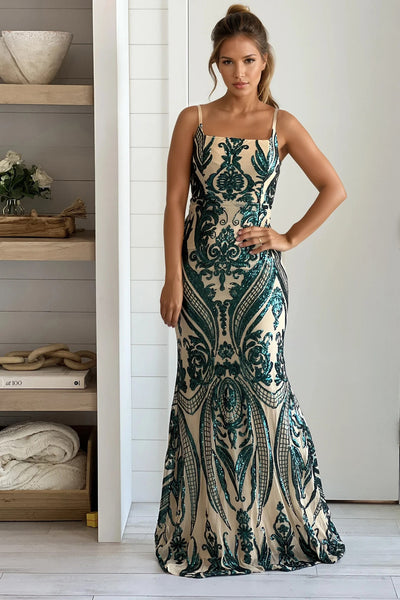 hunter green and nude square neck sequined maxi dress