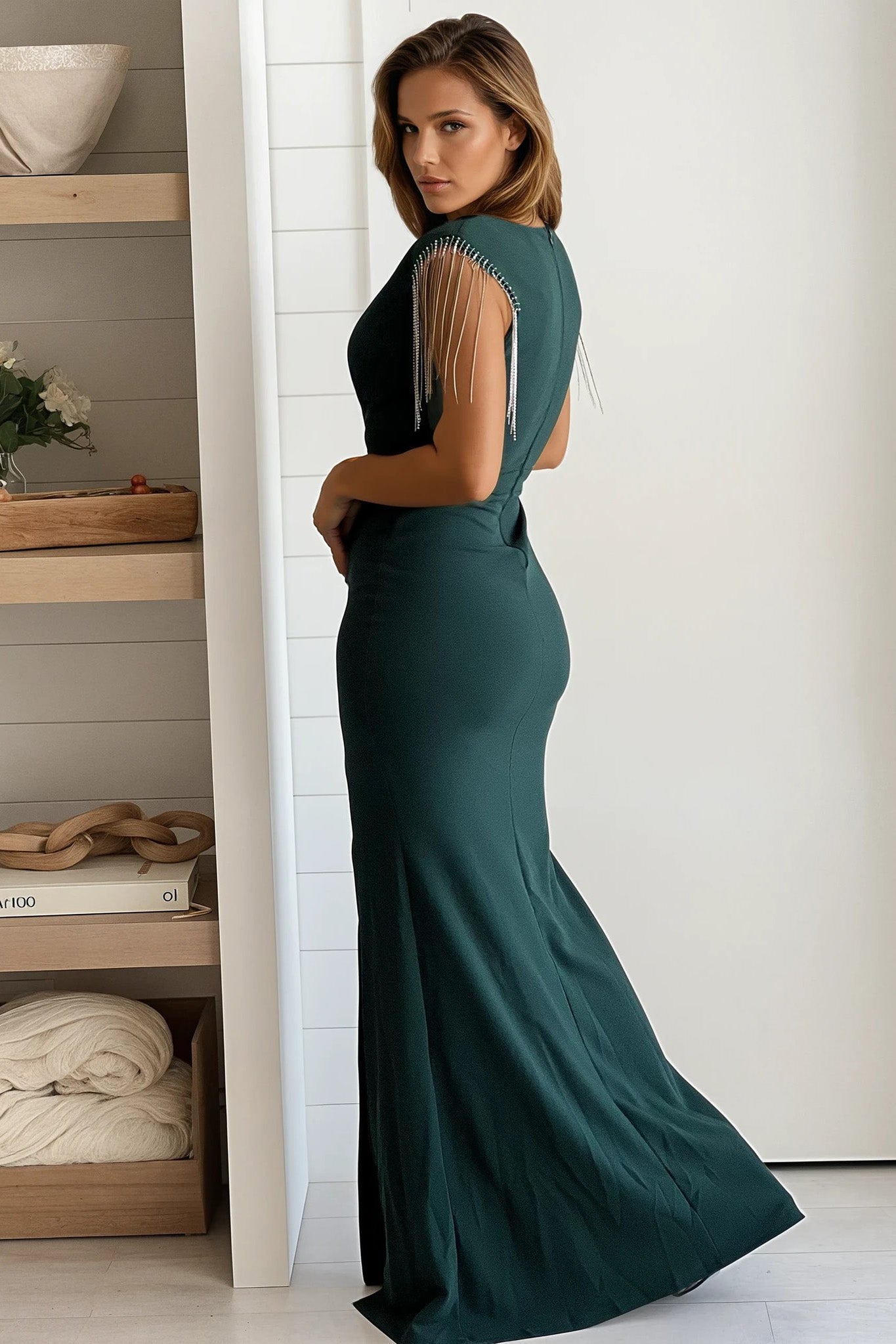 Hunter Green Rhinestone Fringe Sleeve Maxi Dress | Maxi Dresses Saved by the Dress Hunter Green Rhinestone Fringe Sleeve Maxi Dress | Maxi Dresses Saved by the Dress