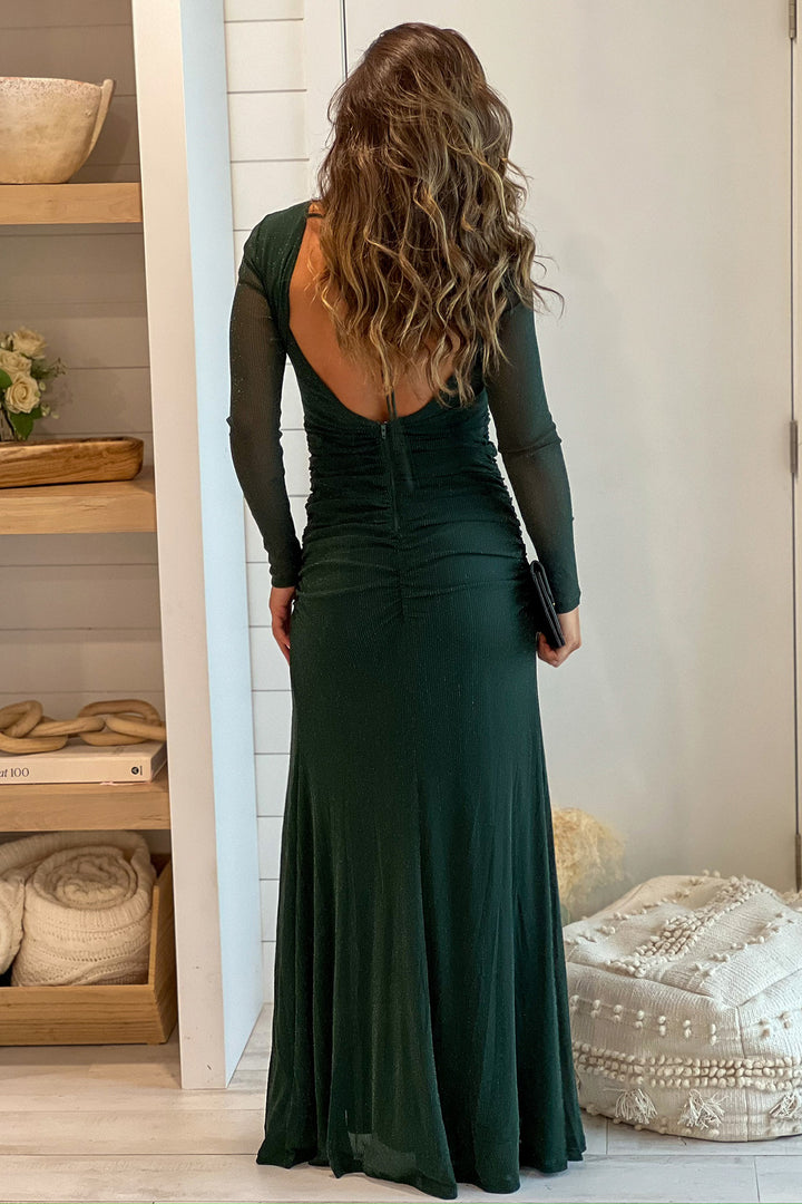 Hunter Green Glitter Maxi Dress With Slit And Open Back | Maxi Dresses   Saved by the Dress