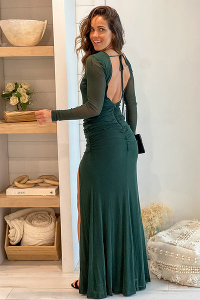 hunter green glitter maxi dress with slit and open back