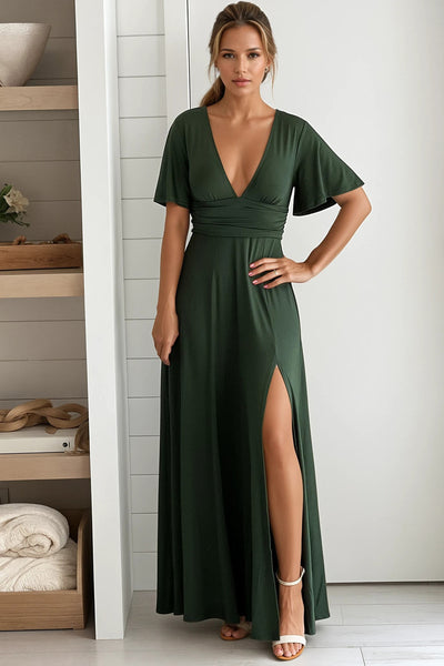 hunter green maxi dress with short sleeves