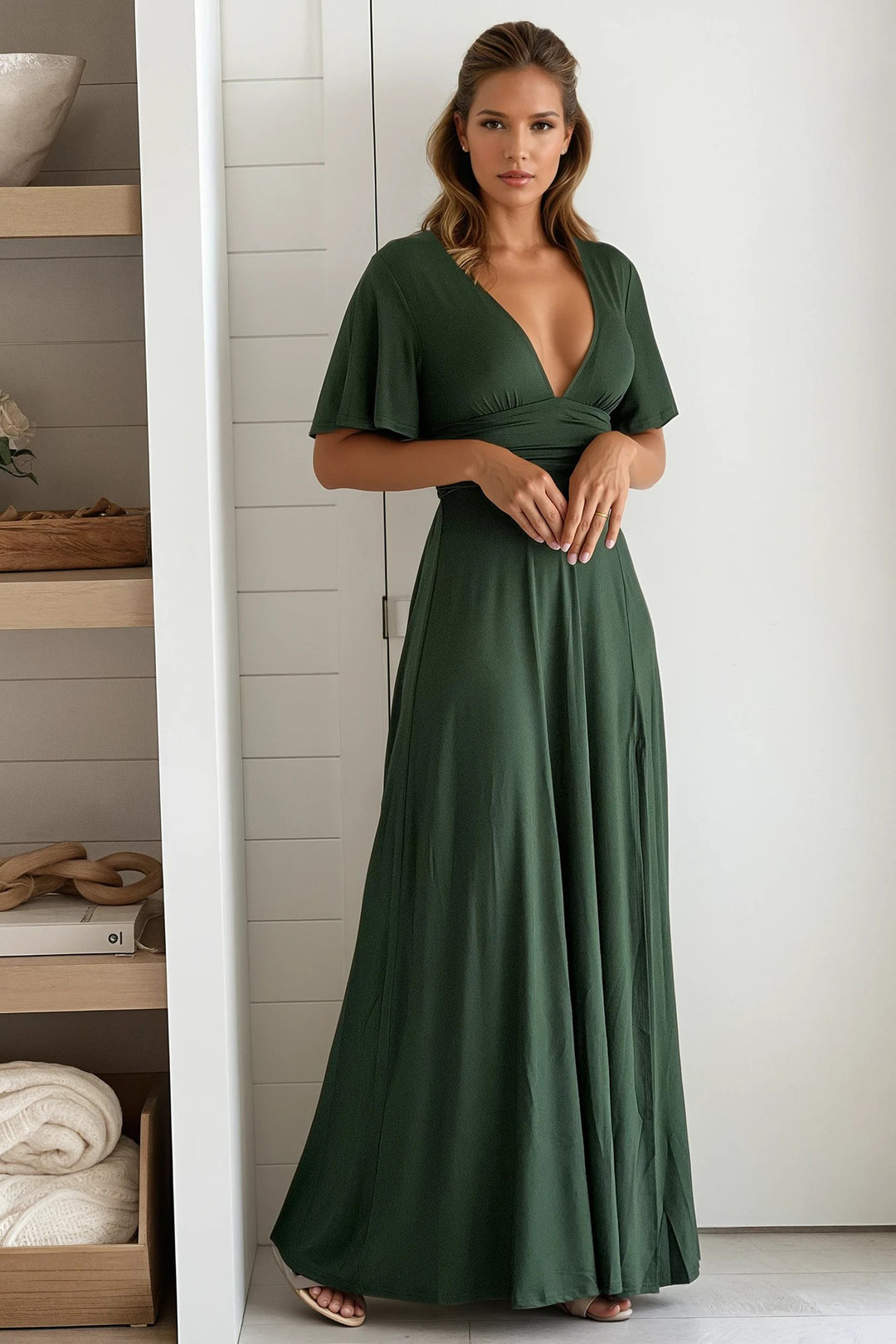 Hunter Green Maxi Dress With Slit And Short Sleeves