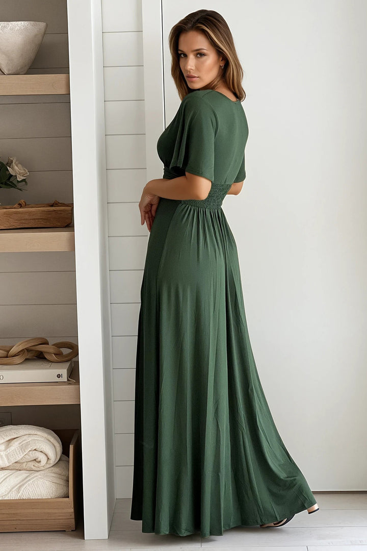 Hunter Green Maxi Dress With Slit And Short Sleeves