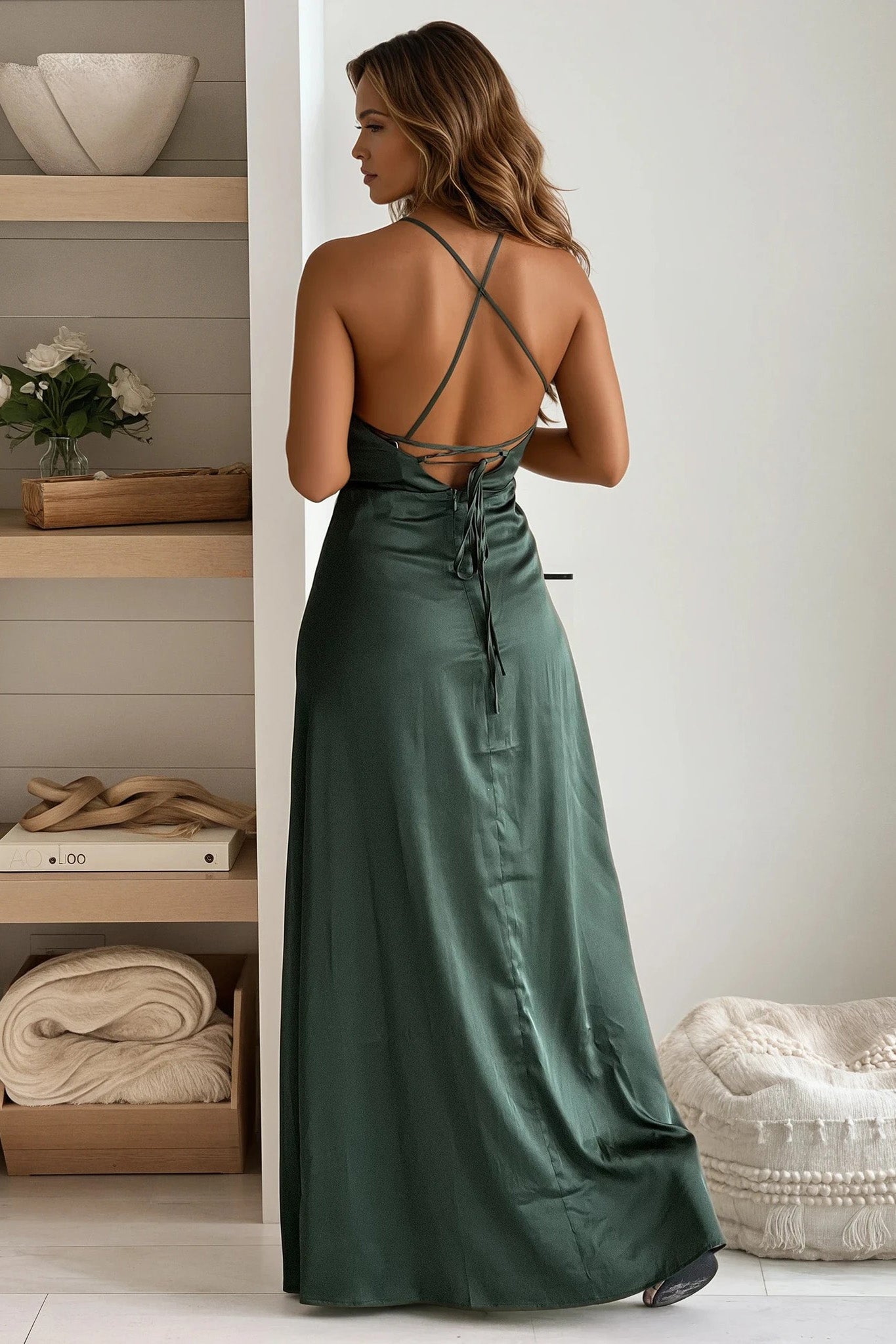hunter green ruffled satin maxi dress with criss cross back