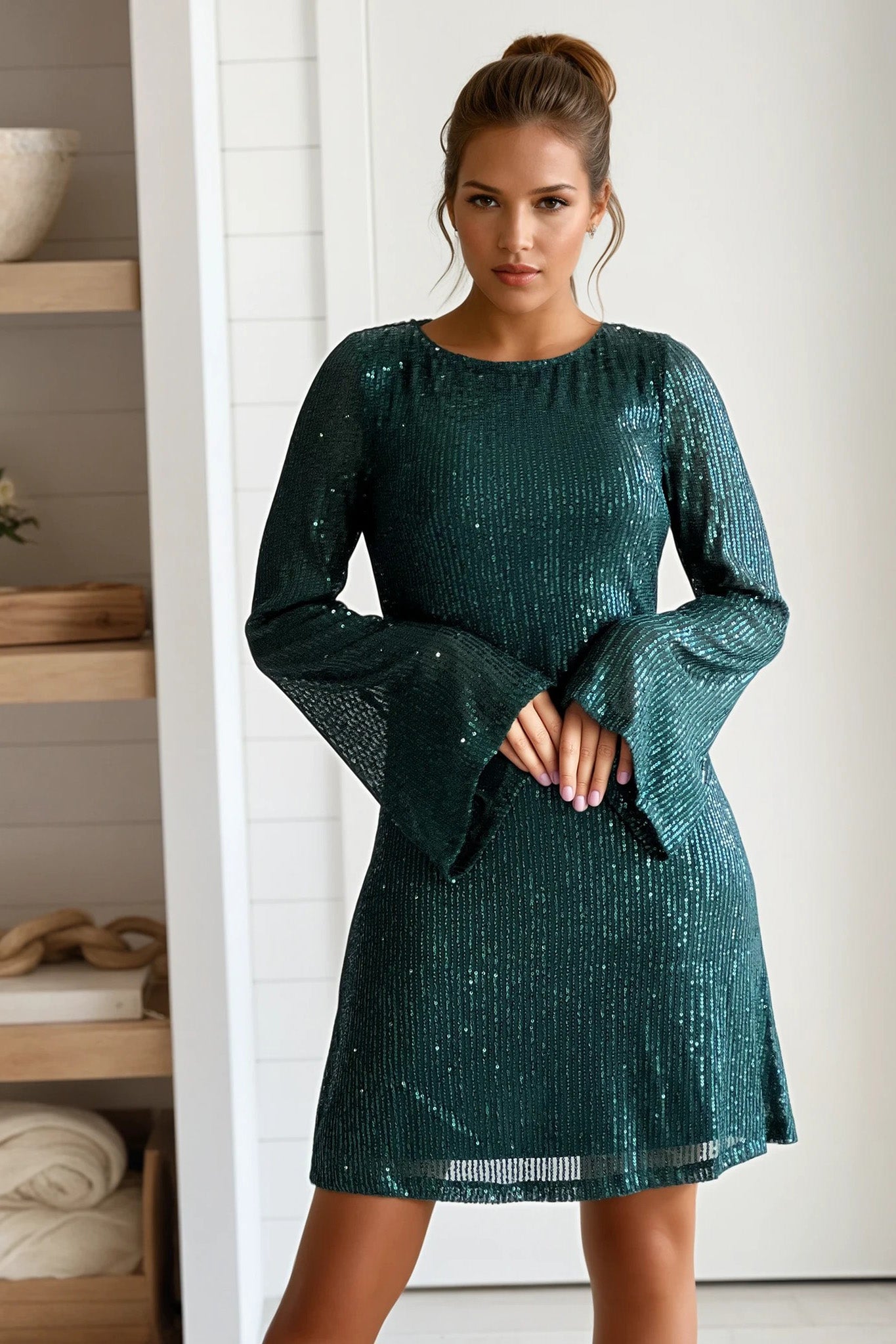 hunter green sequin mini dress with bell sleeves