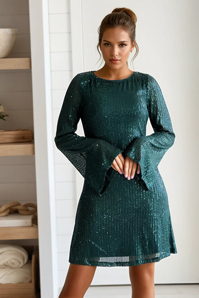hunter green sequin mini dress with bell sleeves