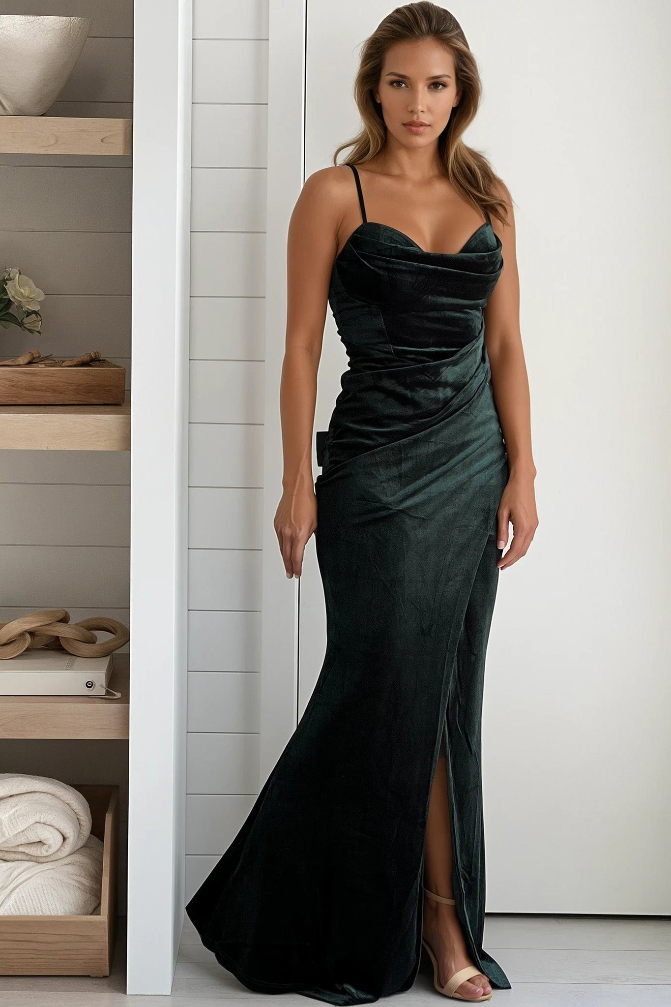 hunter green velvet maxi dress