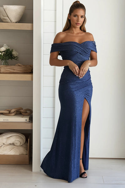 indigo off shoulder glitter maxi dress