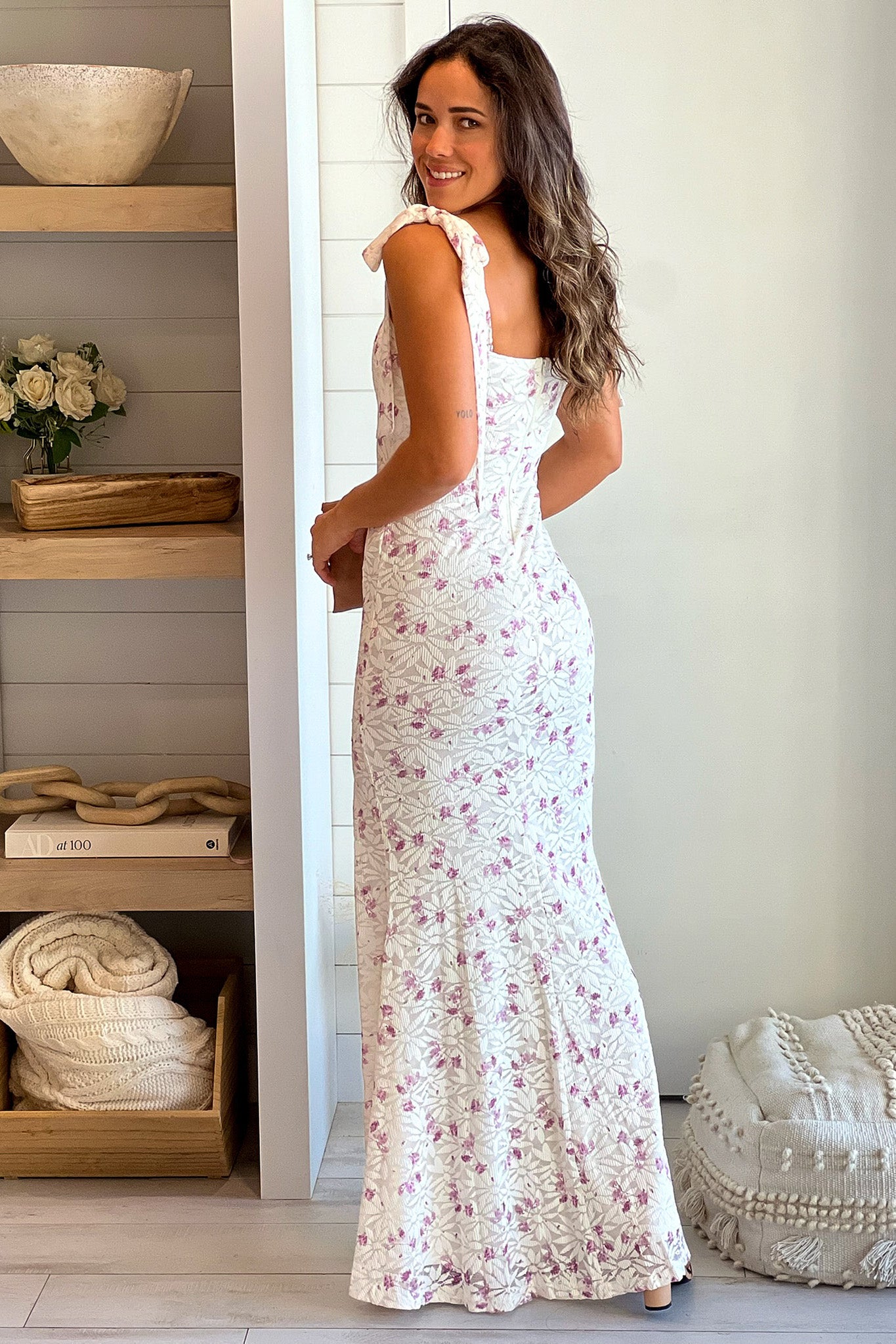 Ivory And Lilac Floral Maxi Dress With Slit