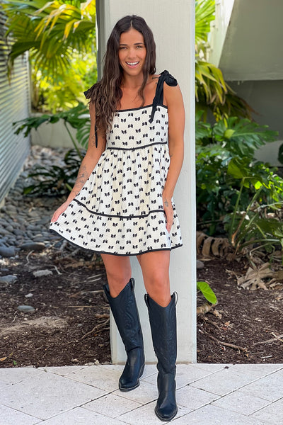 ivory and black ribbon print dress