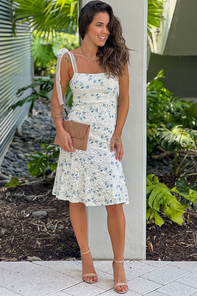 ivory and blue floral midi dress